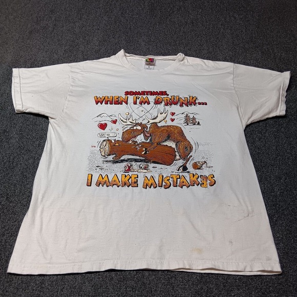 Fruit of the Loom Other - Vintage Novelty‎ T Shirt Adult XL White Drunk Moose Humping Log Funny